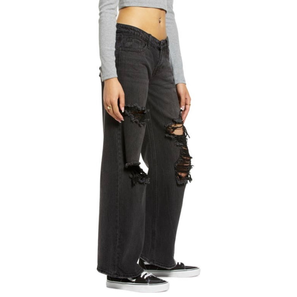 NEW BP Black Destroyed Wide Leg Low Rise Denim Jean 100% Cotton Size 29, Size 30 - Picture 4 of 14